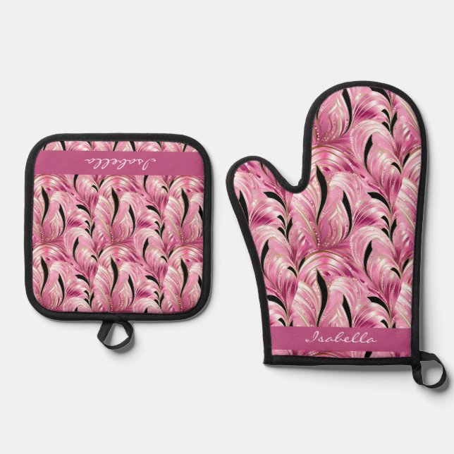 Ensemble De Gant De Cuisine Et De Manique Motif en verre rose chic personnalisé (Recto)
