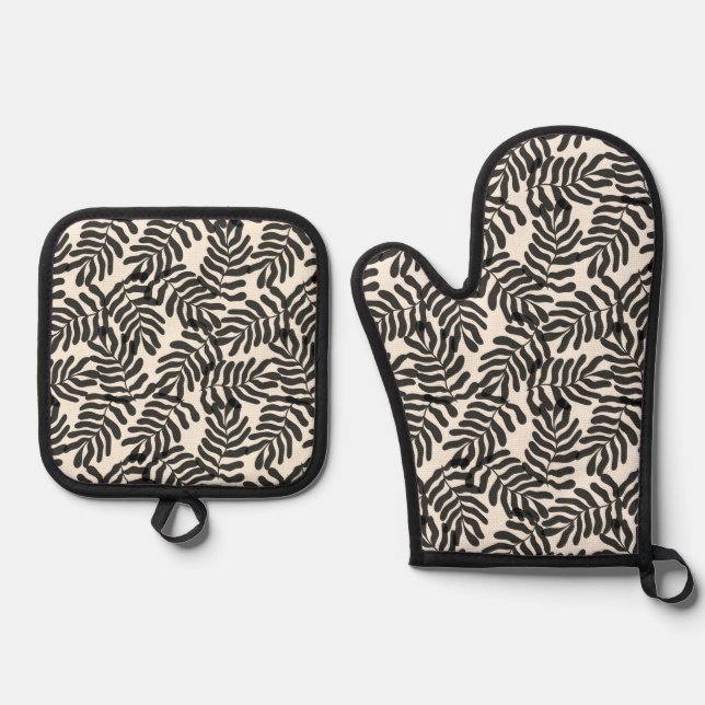 Ensemble De Gant De Cuisine Et De Manique Motif feuille abstrait noir et blanc (Recto)
