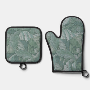Ensemble De Gant De Cuisine Et De Manique Motif feuille d'acanthe bleu sarcelle de William M