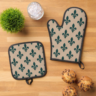 Ensemble De Gant De Cuisine Et De Manique Motif Fleur de Lis, Vert Royal Français sur Crème