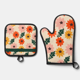Ensemble De Gant De Cuisine Et De Manique Motif floral coloré