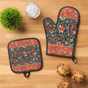 Ensemble De Gant De Cuisine Et De Manique Motif floral indo-persan bohème vintage rouge