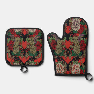 Ensemble De Gant De Cuisine Et De Manique Motif floral japonais vintage pivoine rouge noir