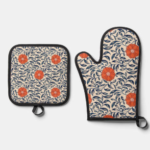 Ensemble De Gant De Cuisine Et De Manique Motif floral sans couture avec fleur orange vibran