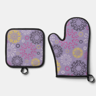 Ensemble De Gant De Cuisine Et De Manique Motif floral vibrant abstrait