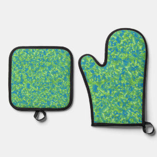 Ensemble De Gant De Cuisine Et De Manique Motif géométrique abstrait bleu vert