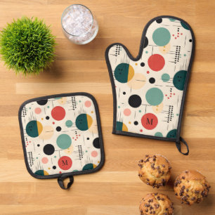 Ensemble De Gant De Cuisine Et De Manique Motif géométrique coloré du milieu du siècle