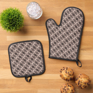 Ensemble De Gant De Cuisine Et De Manique Motif géométrique diagonal en forme d'œil sépia