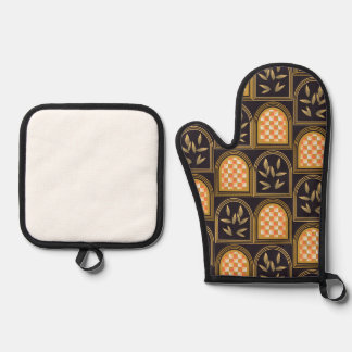 Ensemble De Gant De Cuisine Et De Manique Motif géométrique floral Art Déco de luxe sans cou
