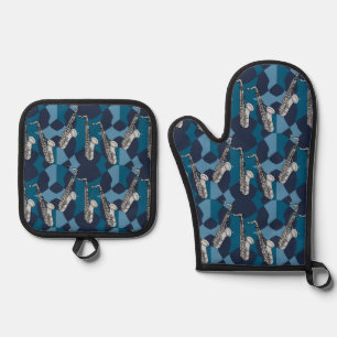 Ensemble De Gant De Cuisine Et De Manique Motif gris saxophone
