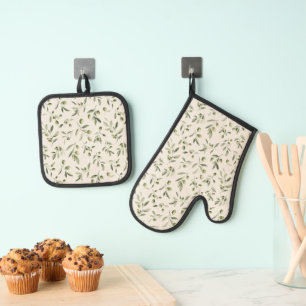 Ensemble De Gant De Cuisine Et De Manique Motif méditerranéen de la Branche d'Olivier rustiq