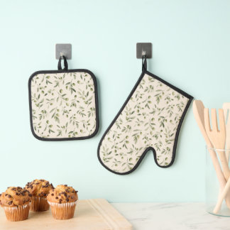 Ensemble De Gant De Cuisine Et De Manique Motif méditerranéen de la Branche d'Olivier rustiq