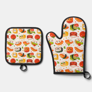 Ensemble De Gant De Cuisine Et De Manique Motif mignon kawaii caractères sushi de nourriture