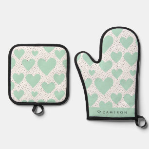 Ensemble De Gant De Cuisine Et De Manique Motif moderne Mint Green Heart Personnalisé