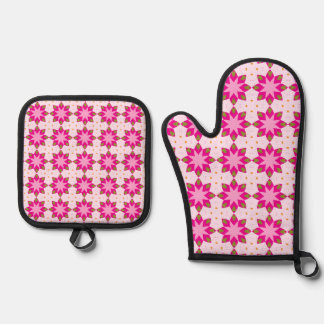 Ensemble De Gant De Cuisine Et De Manique Motif Mosaïque à Pétales Roses