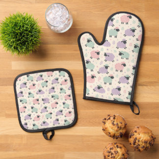 Ensemble De Gant De Cuisine Et De Manique Motif Moutons Arc-en-ciel Pastel
