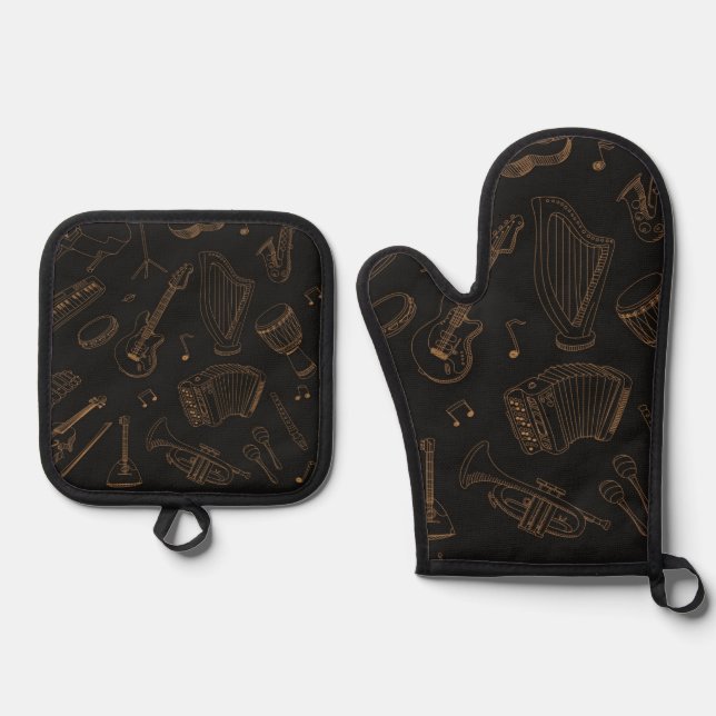 Ensemble De Gant De Cuisine Et De Manique Motif musical (Recto)