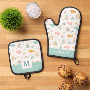 Ensemble De Gant De Cuisine Et De Manique Motif nuage Rainbow et pluie amusant
