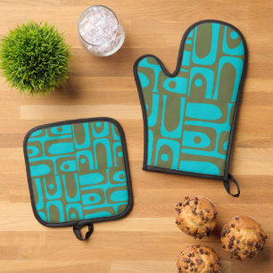 Ensemble De Gant De Cuisine Et De Manique Motif Olive Turquoise moderne du milieu du siècle