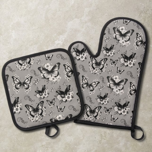 Ensemble De Gant De Cuisine Et De Manique Motif Papillon Gris (Créateur téléchargé)