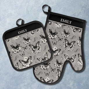Ensemble De Gant De Cuisine Et De Manique Motif papillon gris nom personnalisé