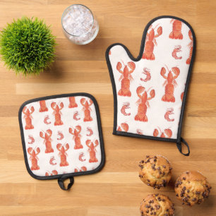 Ensemble De Gant De Cuisine Et De Manique Motif peint à la main de homard crevette moderne