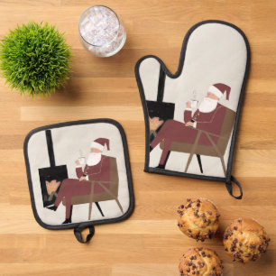 Ensemble De Gant De Cuisine Et De Manique Motif Père Noël Traditionnel