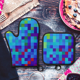 Ensemble De Gant De Cuisine Et De Manique motif Pixel 8 bits Abstrait Cool Geeky Blue Red