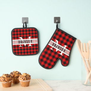 Ensemble De Gant De Cuisine Et De Manique Motif Plaid de bison rouge noir personnalisé