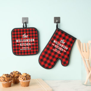 Ensemble De Gant De Cuisine Et De Manique Motif Plaid de bison rouge noir personnalisé