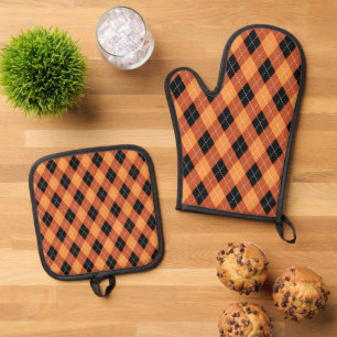 Ensemble De Gant De Cuisine Et De Manique Motif plaid saisonnier de l'automne mignon