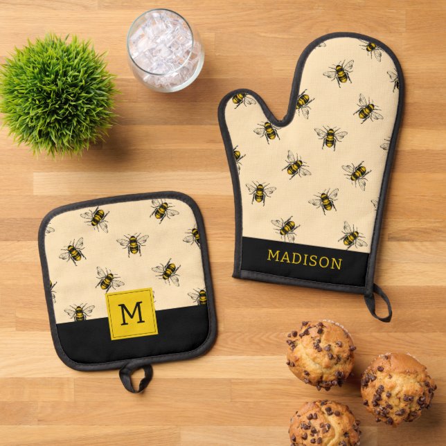 Ensemble De Gant De Cuisine Et De Manique Motif Queen Bee (De haut en bas)