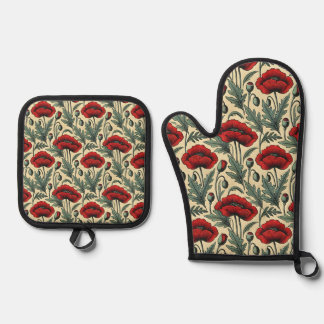 Ensemble De Gant De Cuisine Et De Manique Motif Red Poppies d'inspiration vintage
