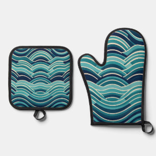 Ensemble De Gant De Cuisine Et De Manique Motif répétitif de vagues océaniques géométriques 