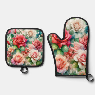 Ensemble De Gant De Cuisine Et De Manique Motif Rose Fantaisiste
