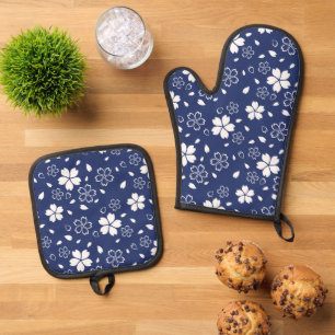Ensemble De Gant De Cuisine Et De Manique Motif Sakura Bleu