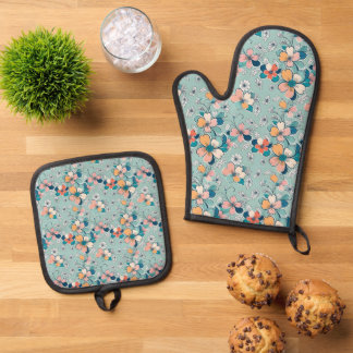 Ensemble De Gant De Cuisine Et De Manique Motif sans couture avec fleurs