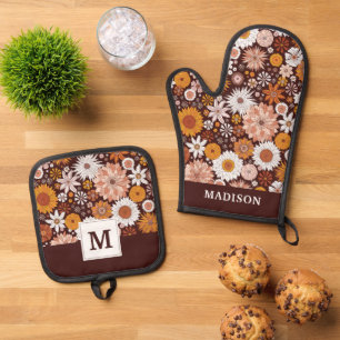 Ensemble De Gant De Cuisine Et De Manique Motif super Retro Flower Garden
