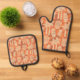Ensemble De Gant De Cuisine Et De Manique Motif Tiki Rétro Moderne du Milieu du Siècle