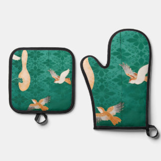 Ensemble De Gant De Cuisine Et De Manique Motif traditionnel japonais & Petit Oiseau