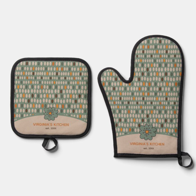 Ensemble De Gant De Cuisine Et De Manique Motif Vert Retro Ovals Personnalisé (Recto)