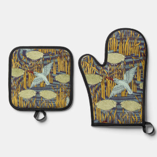 Ensemble De Gant De Cuisine Et De Manique Motif vintage Art nouveau d'oiseau et de marais