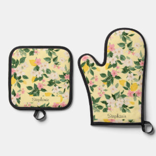 Ensemble De Gant De Cuisine Et De Manique Motif vintage citron et fleurs sur jaune