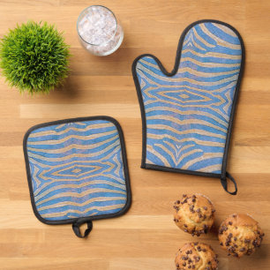 Ensemble De Gant De Cuisine Et De Manique Motif zèbre bleu et or texturé et symétrique