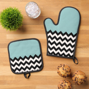 Ensemble De Gant De Cuisine Et De Manique Motif Zigzag noir et blanc, Chevron, Bleu