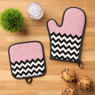 Ensemble De Gant De Cuisine Et De Manique Motif Zigzag noir et blanc, Chevron, rose