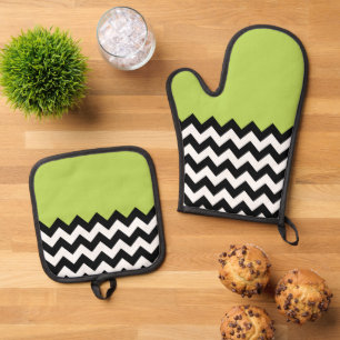 Ensemble De Gant De Cuisine Et De Manique Motif Zigzag noir et blanc, Chevron, Vert