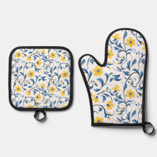 Ensemble De Gant De Cuisine Et De Manique Motifs d'art populaire floral ukrainien.
