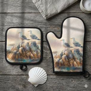 Ensemble De Gant De Cuisine Et De Manique Mouettes côtières paysage marin à l'aquarelle