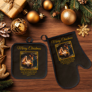 Ensemble De Gant De Cuisine Et De Manique Nativité de Noël Sainte Famille Religieuse